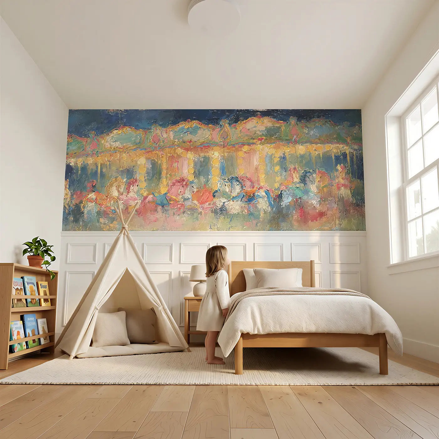 Child reading near Carousel Night Golden Oil Wainscoting Wallpaper by Whimsy Tots