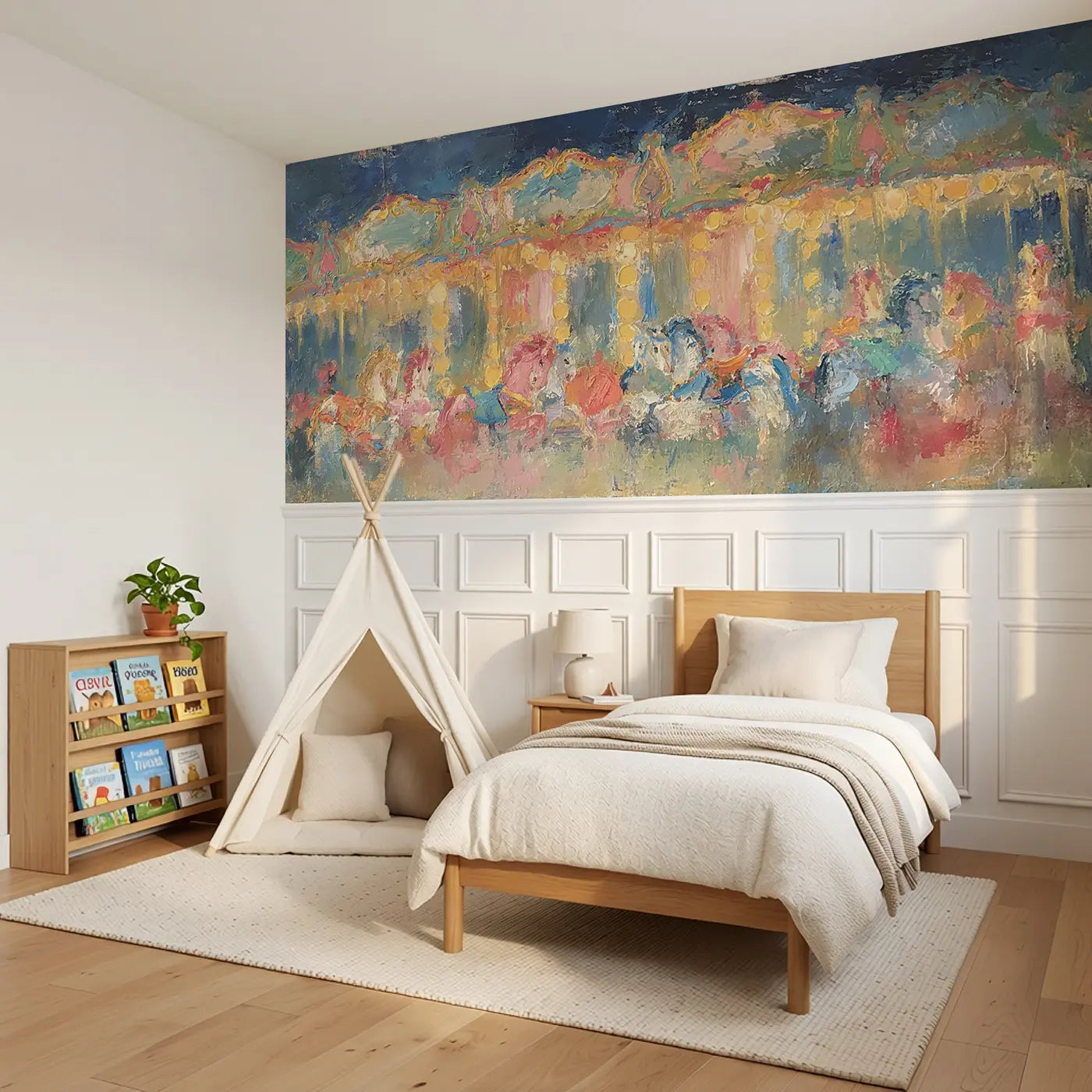 Carousel Night Golden Oil Wainscoting Wallpaper styled in a kids bedroom by Whimsy Tots