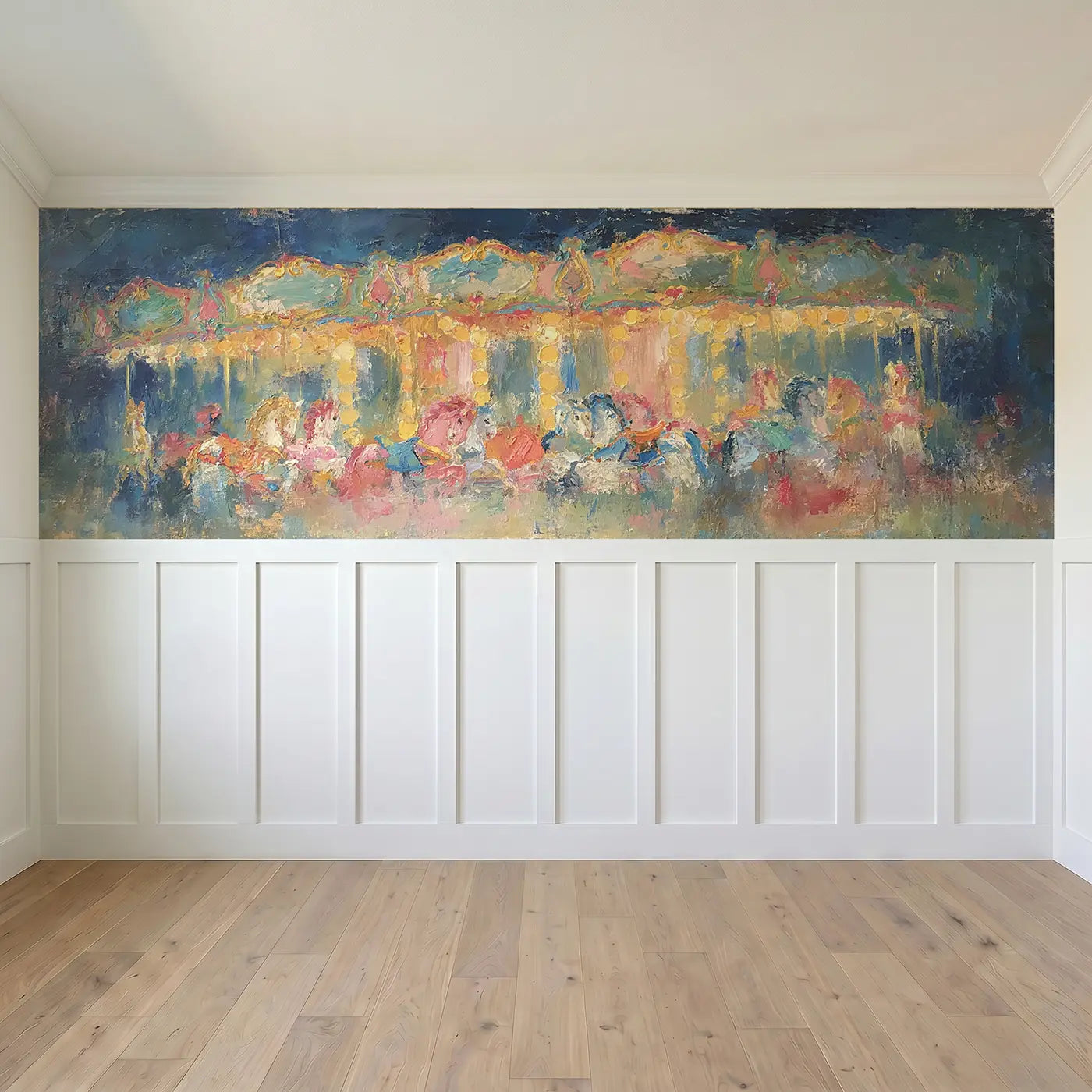 Full panel view of Carousel Night Golden Oil Wainscoting Wallpaper by Whimsy Tots
