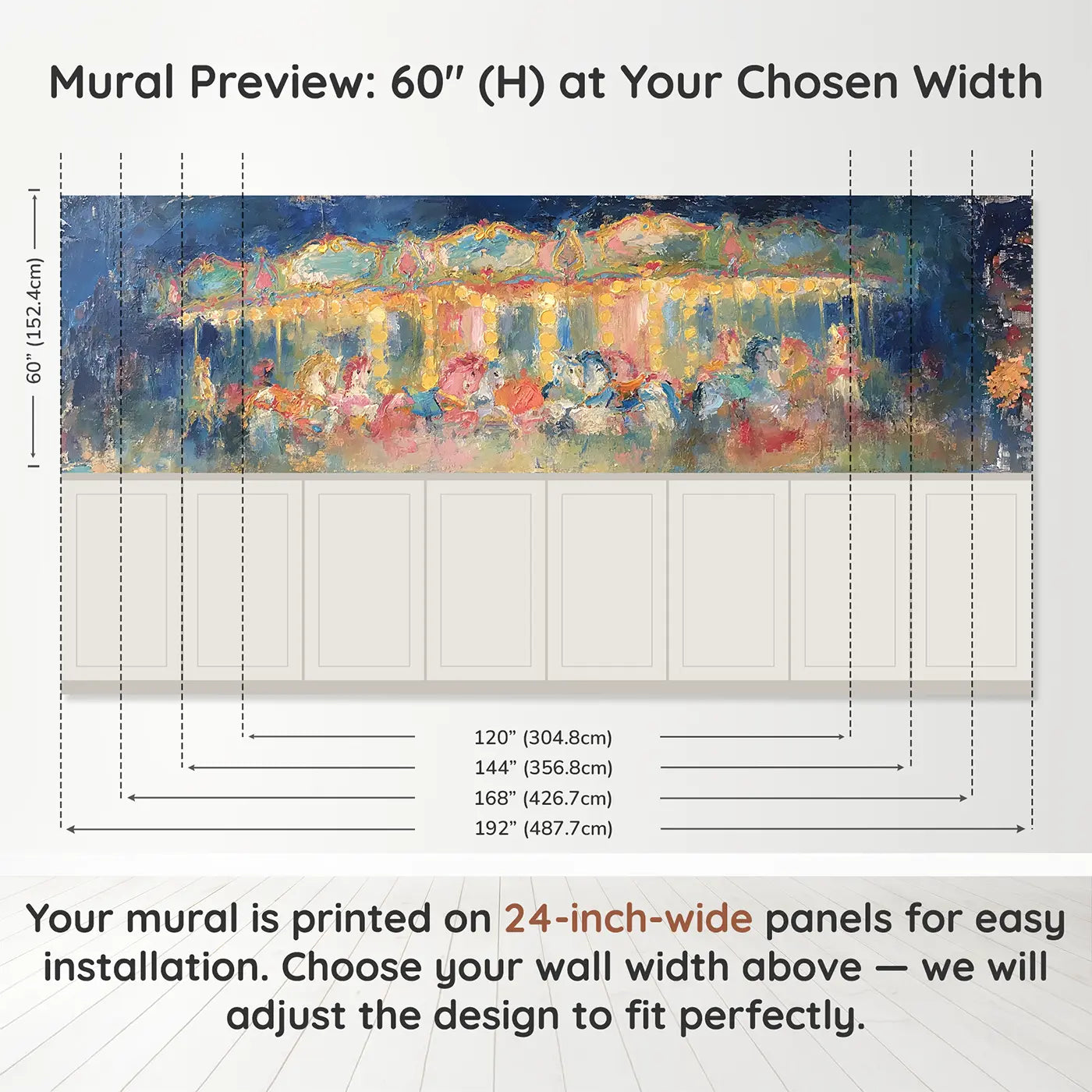 Panel dimensions for Carousel Night Golden Oil Wainscoting Wallpaper by Whimsy Tots