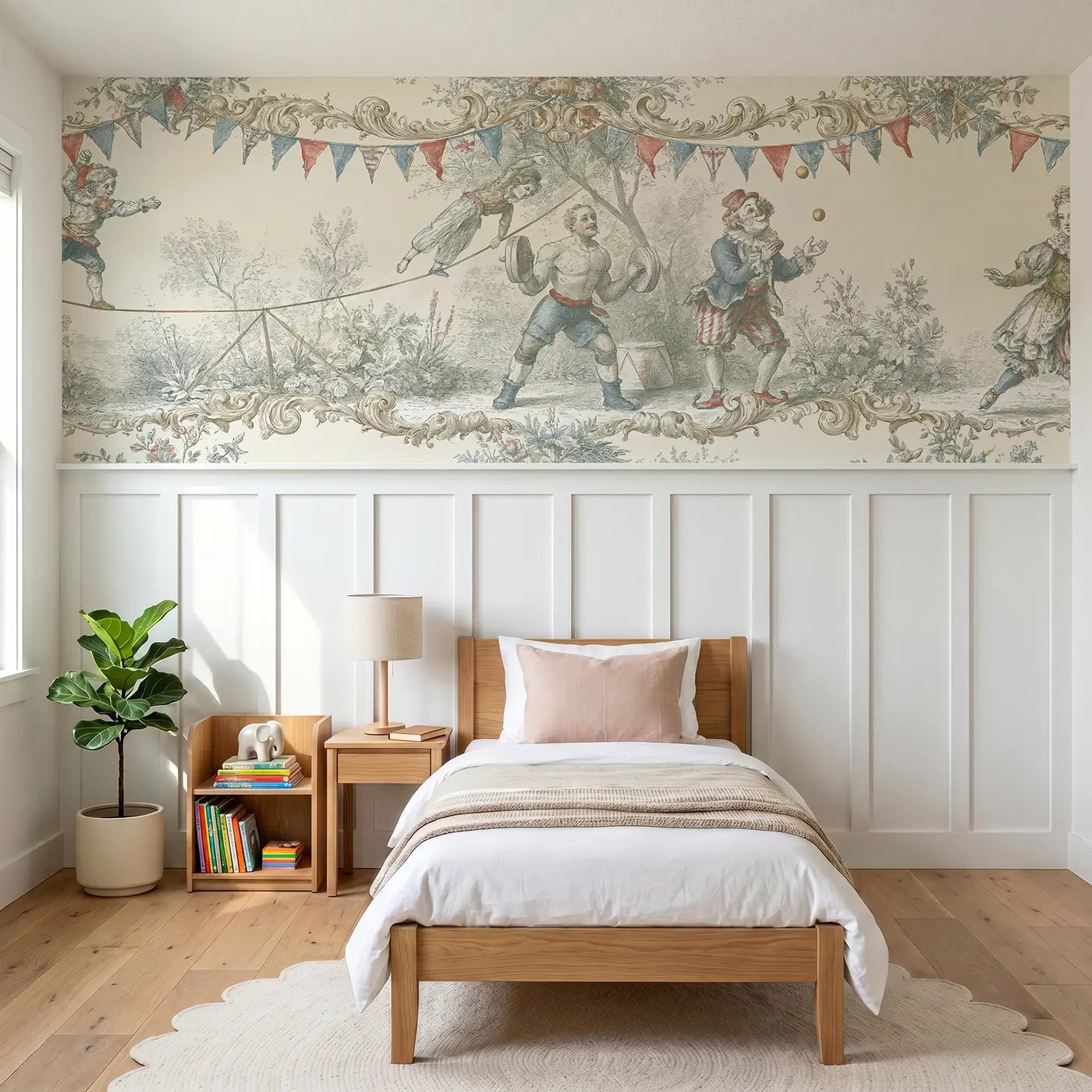 Botanical Elegance circus performer toile wainscoting wallpaper for bedroom by Whimsy Tots