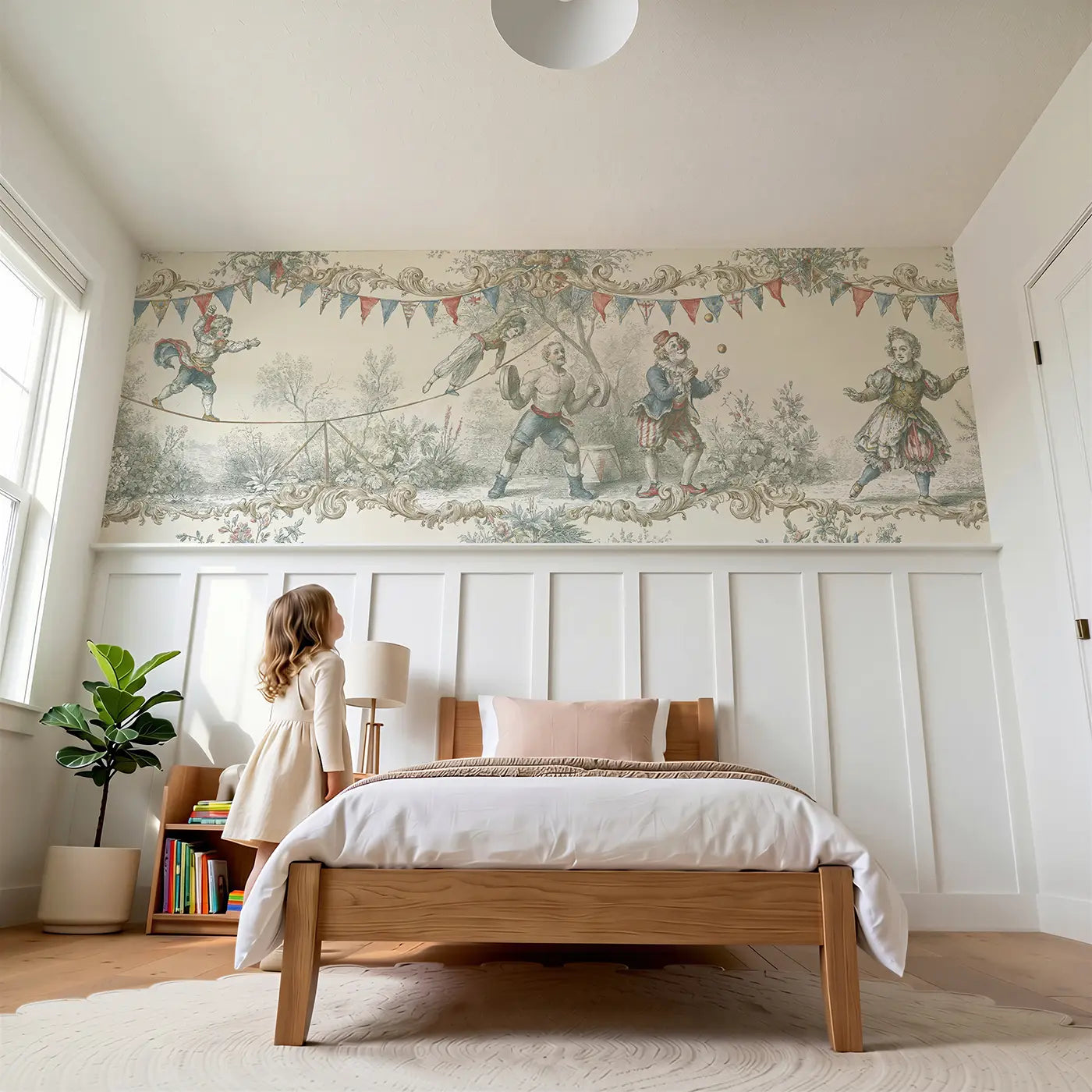 Child reading near Circus Performer Toile Scene Wainscoting Wallpaper by Whimsy Tots
