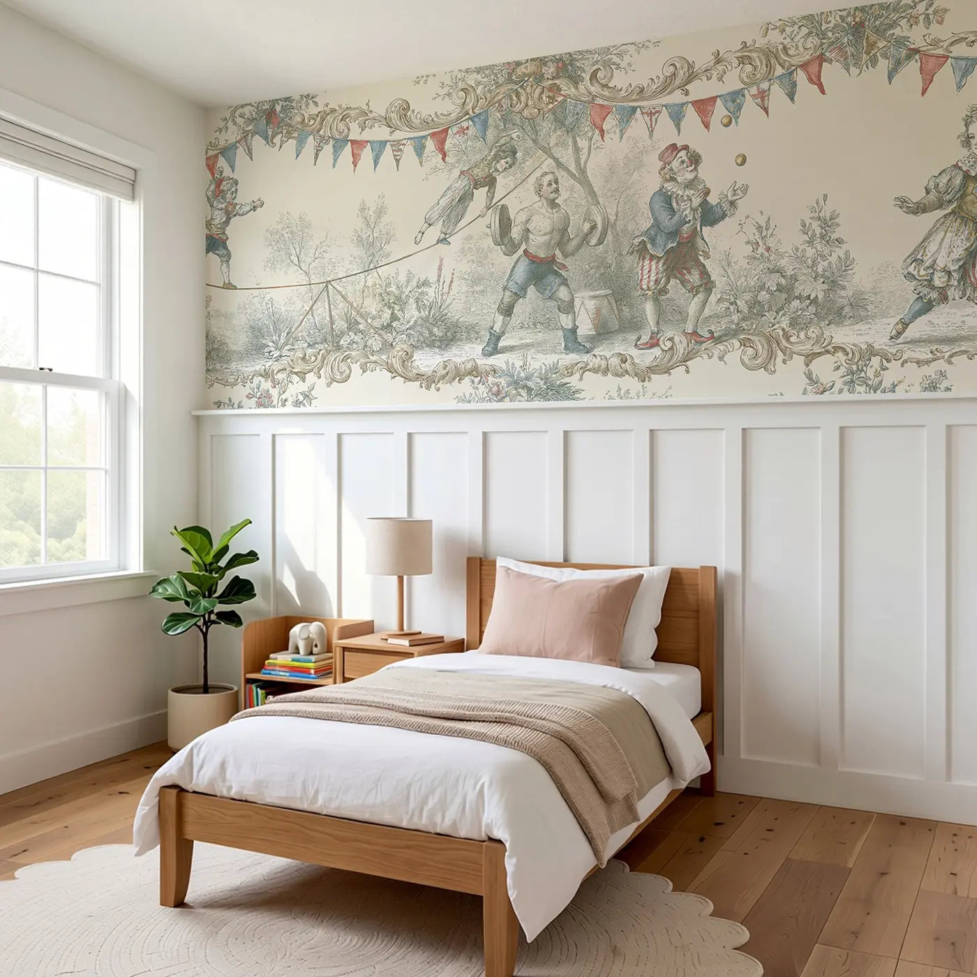 Circus Performer Toile Scene Wainscoting Wallpaper styled in a kids bedroom by Whimsy Tots