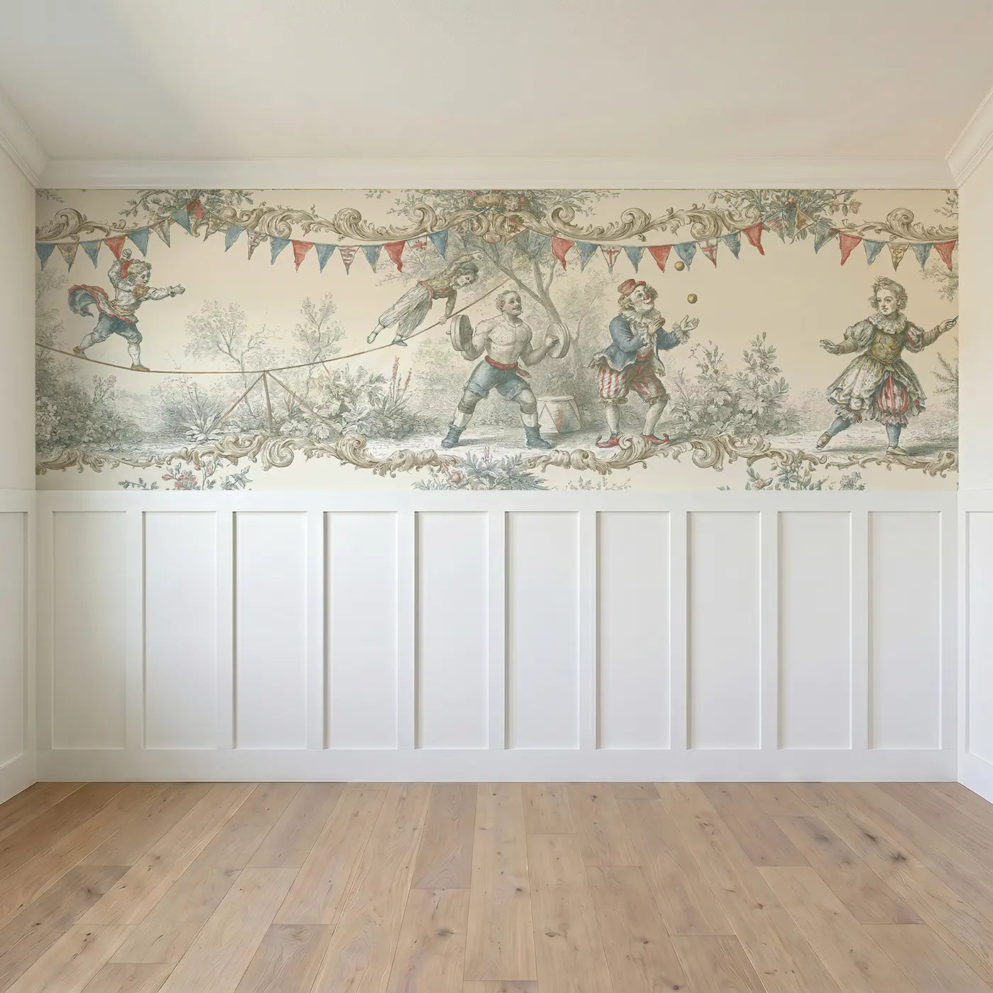 Full panel view of Circus Performer Toile Scene Wainscoting Wallpaper by Whimsy Tots