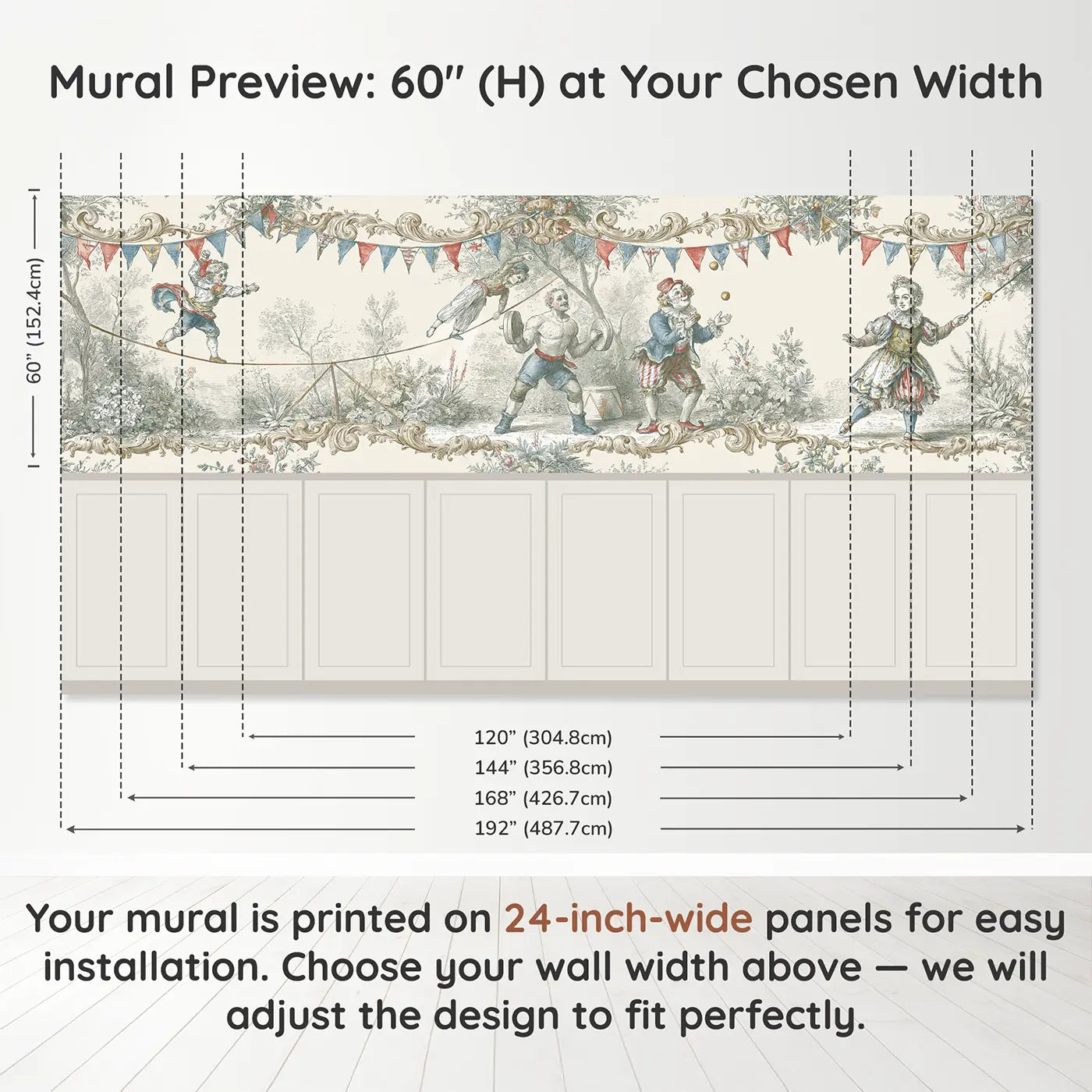 Panel dimensions for Circus Performer Toile Scene Wainscoting Wallpaper by Whimsy Tots