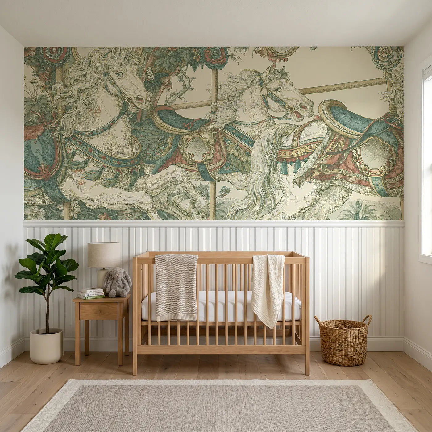 Botanical Elegance carousel horse ornate toile wainscoting wallpaper for nursery by Whimsy Tots