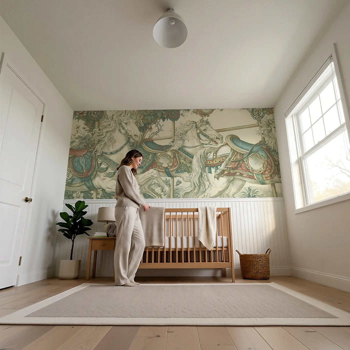 Child reading near Carousel Horse Ornate Toile Wainscoting Wallpaper by Whimsy Tots