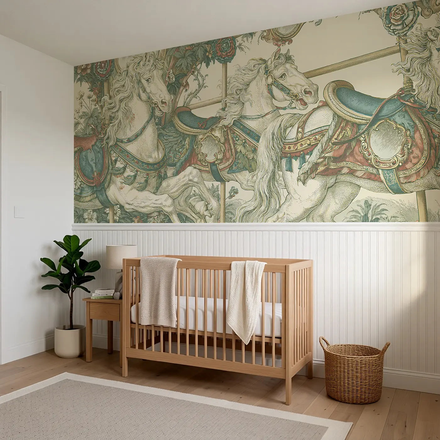 Carousel Horse Ornate Toile Wainscoting Wallpaper styled in a kids bedroom by Whimsy Tots