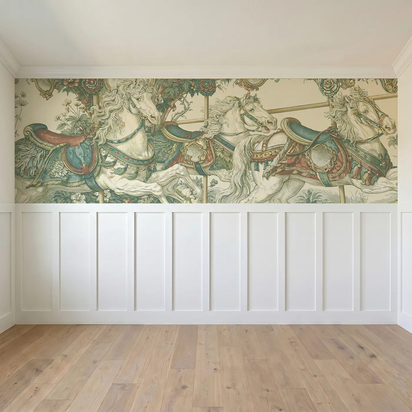 Full panel view of Carousel Horse Ornate Toile Wainscoting Wallpaper by Whimsy Tots