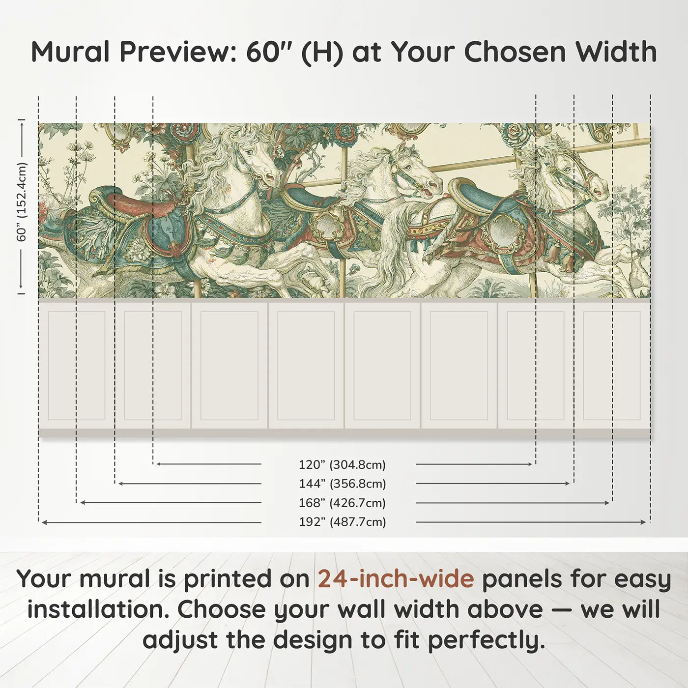 Panel dimensions for Carousel Horse Ornate Toile Wainscoting Wallpaper by Whimsy Tots