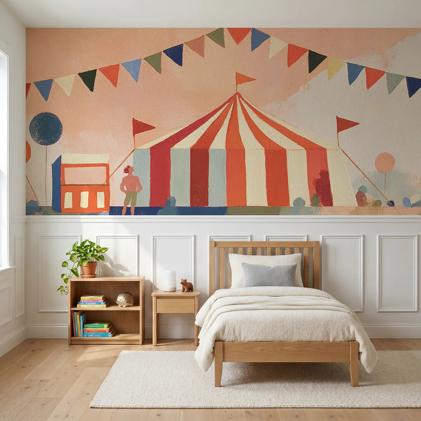 Modern Illustration circus tent fun wainscoting wallpaper for nursery by Whimsy Tots