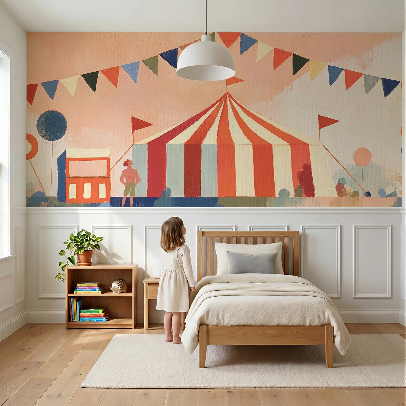 Child reading near Graphic Circus Tent Fun Wainscoting Wallpaper by Whimsy Tots