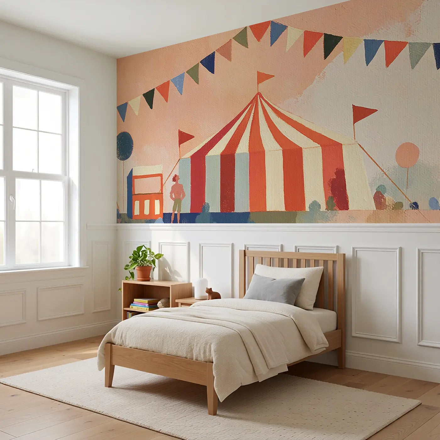 Graphic Circus Tent Fun Wainscoting Wallpaper styled in a kids bedroom by Whimsy Tots