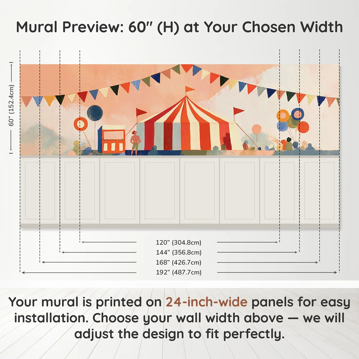 Panel dimensions for Graphic Circus Tent Fun Wainscoting Wallpaper by Whimsy Tots