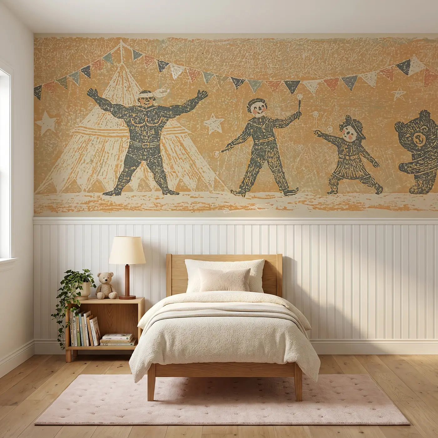 Block Print carved circus band folk wainscoting wallpaper for bedroom by Whimsy Tots