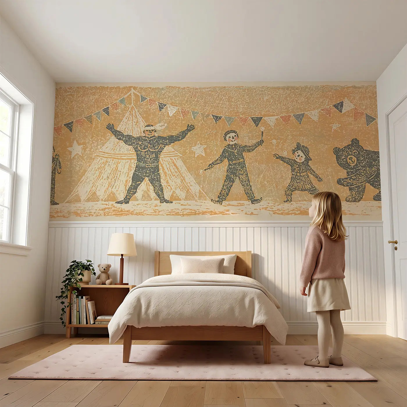 Child reading near Carved Circus Band Folk Wainscoting Wallpaper by Whimsy Tots