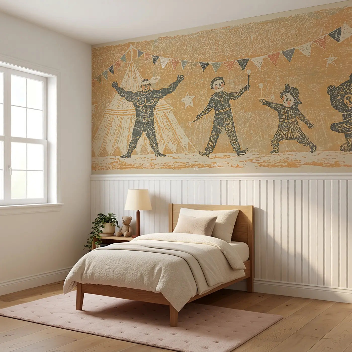 Carved Circus Band Folk Wainscoting Wallpaper styled in a kids bedroom by Whimsy Tots