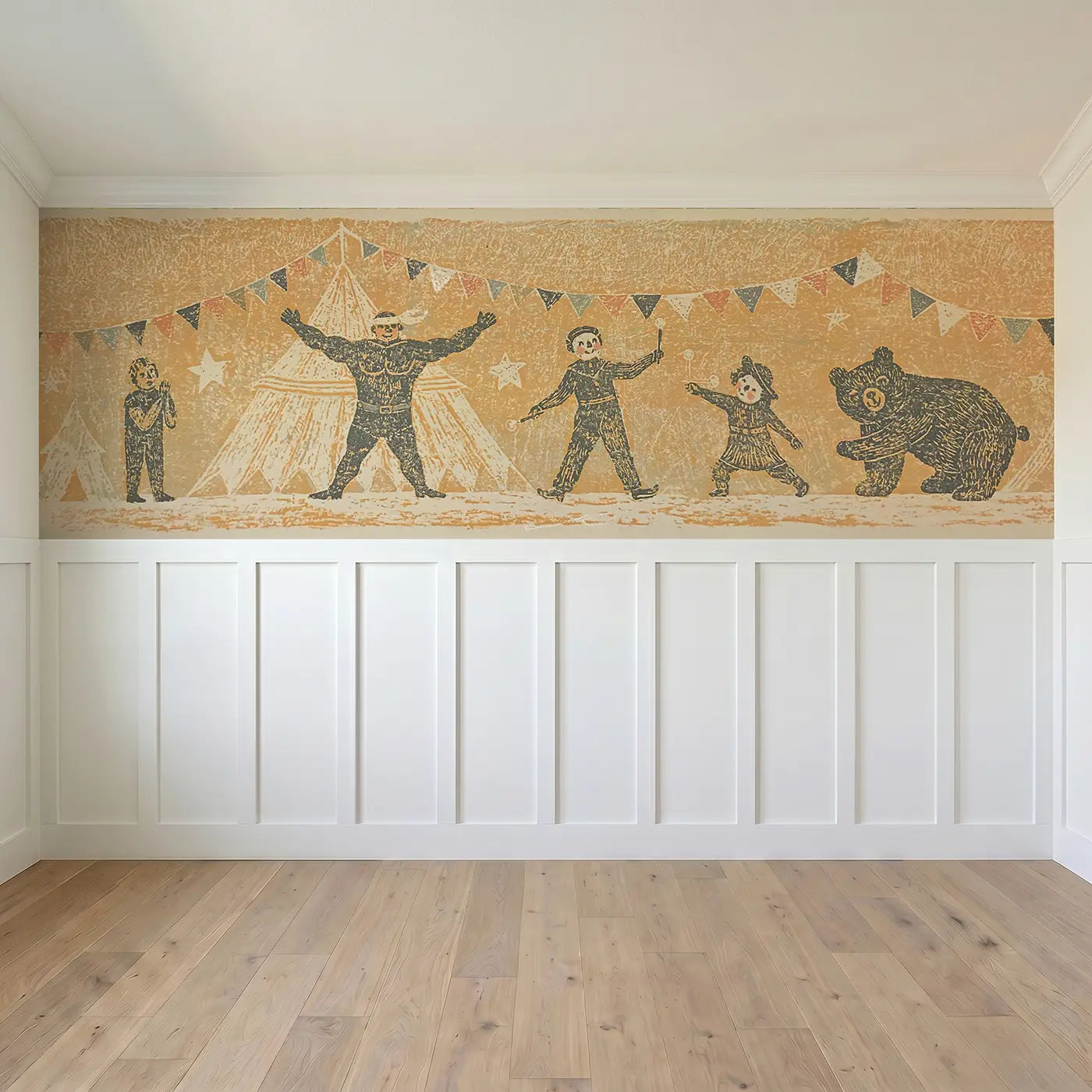 Full panel view of Carved Circus Band Folk Wainscoting Wallpaper by Whimsy Tots