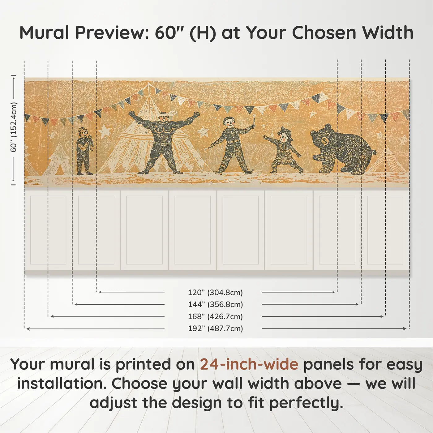 Panel dimensions for Carved Circus Band Folk Wainscoting Wallpaper by Whimsy Tots