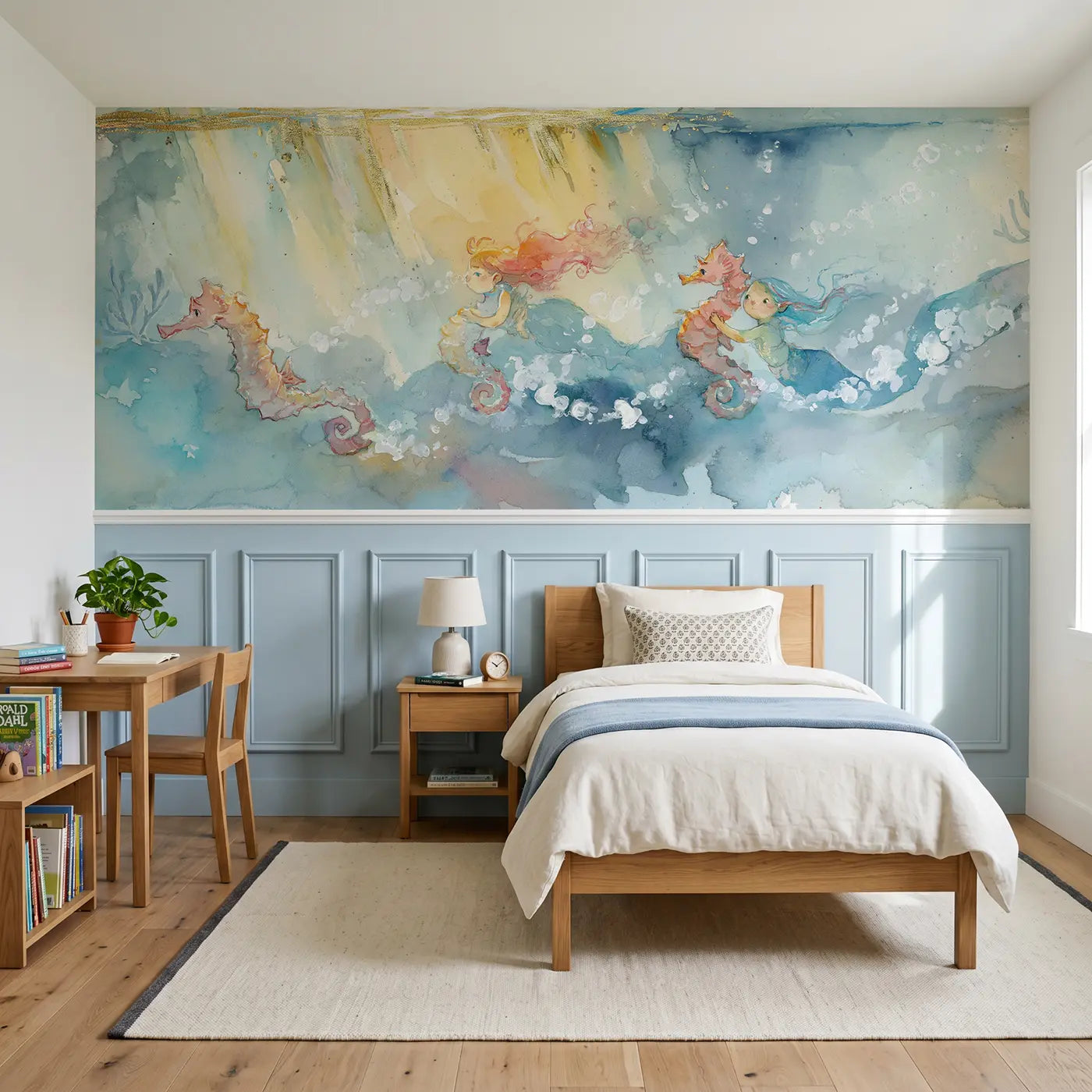 Watercolor mermaid seahorse race dawn wainscoting wallpaper for bedroom by Whimsy Tots