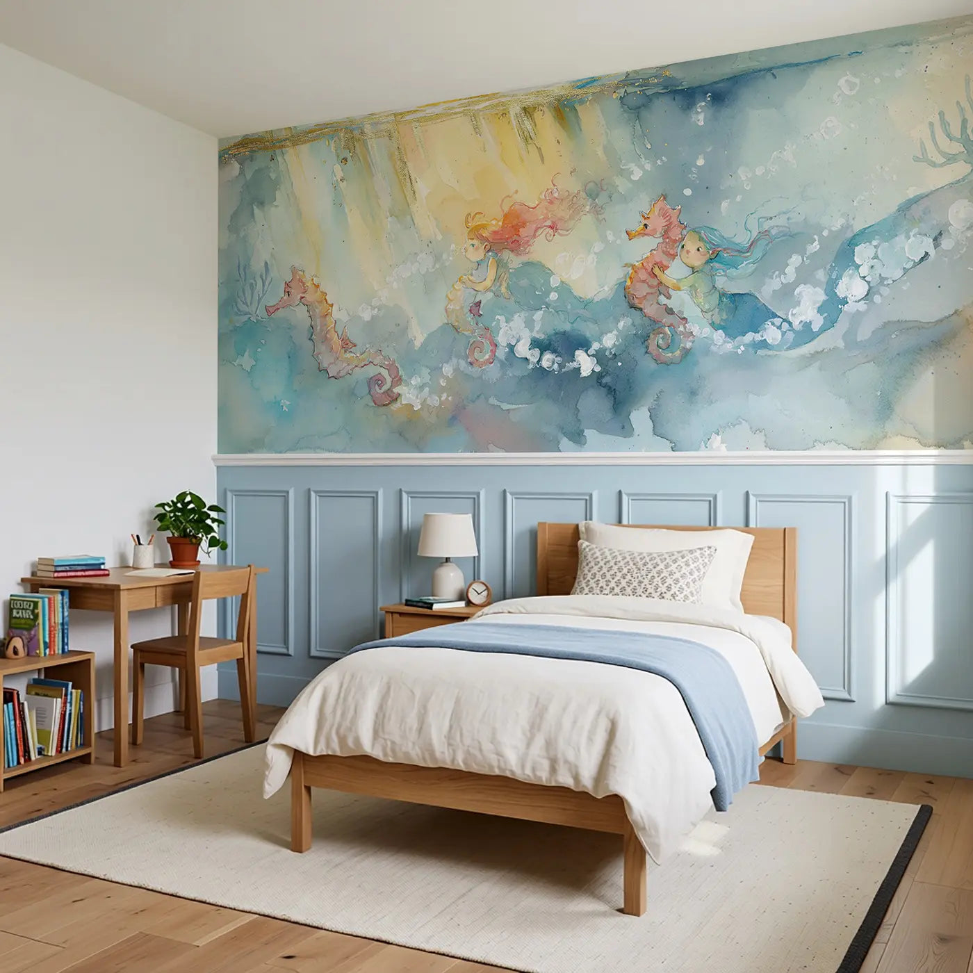 Mermaid Seahorse Race Dawn Wainscoting Wallpaper styled in a kids bedroom by Whimsy Tots