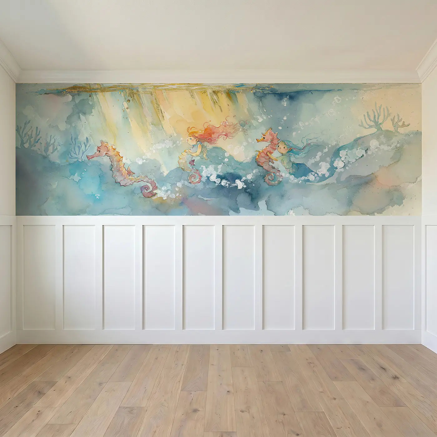 Full panel view of Mermaid Seahorse Race Dawn Wainscoting Wallpaper by Whimsy Tots