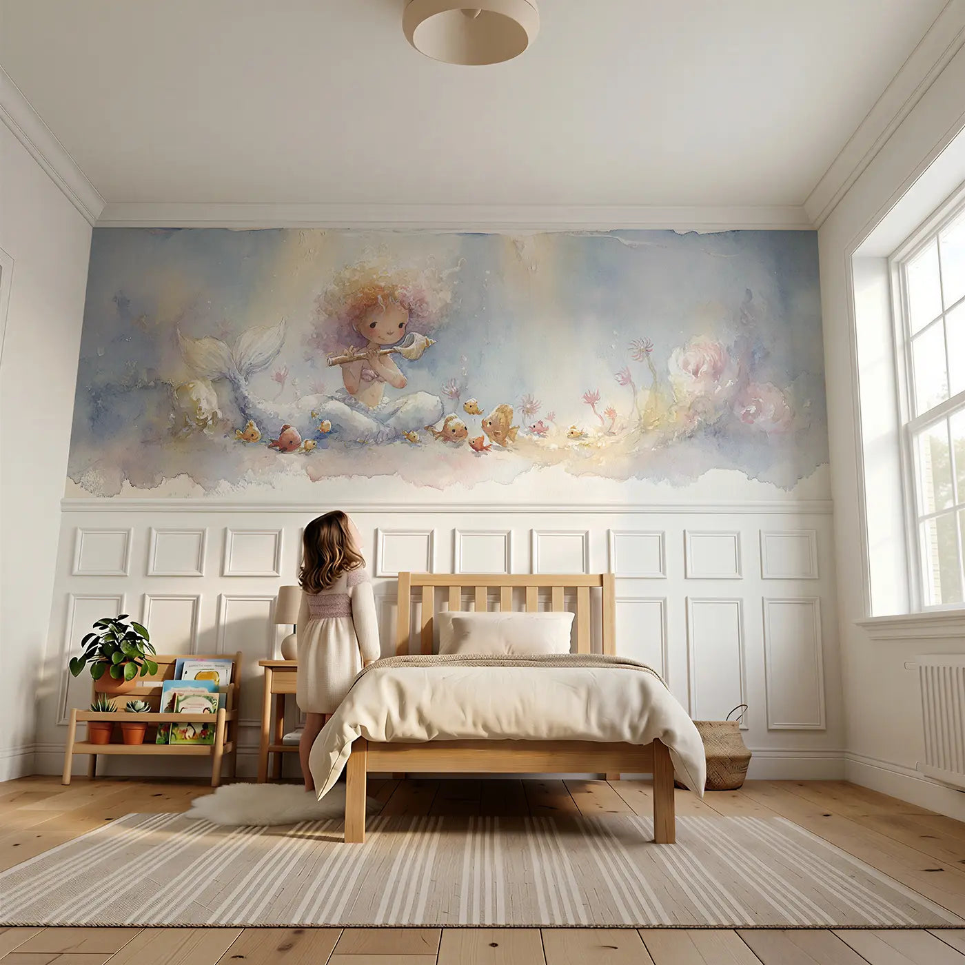 Child reading near Mermaid Seashell Music Class Wainscoting Wallpaper by Whimsy Tots