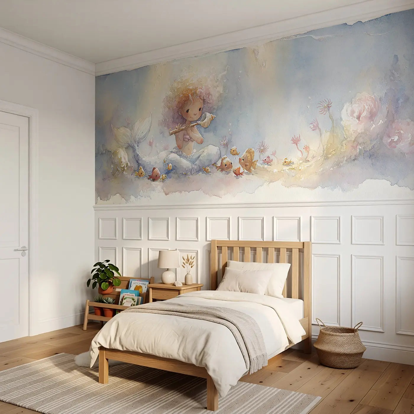 Mermaid Seashell Music Class Wainscoting Wallpaper styled in a kids bedroom by Whimsy Tots