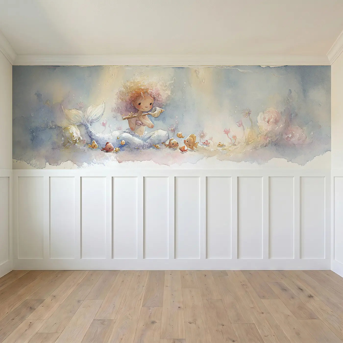 Full panel view of Mermaid Seashell Music Class Wainscoting Wallpaper by Whimsy Tots