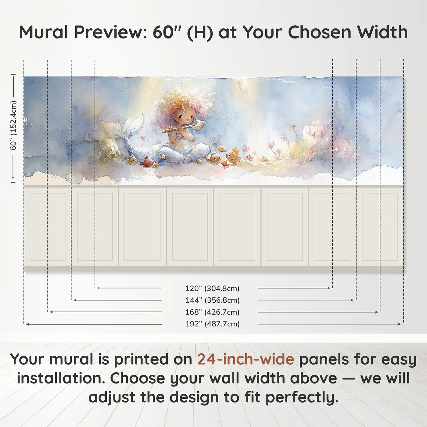 Panel dimensions for Mermaid Seashell Music Class Wainscoting Wallpaper by Whimsy Tots
