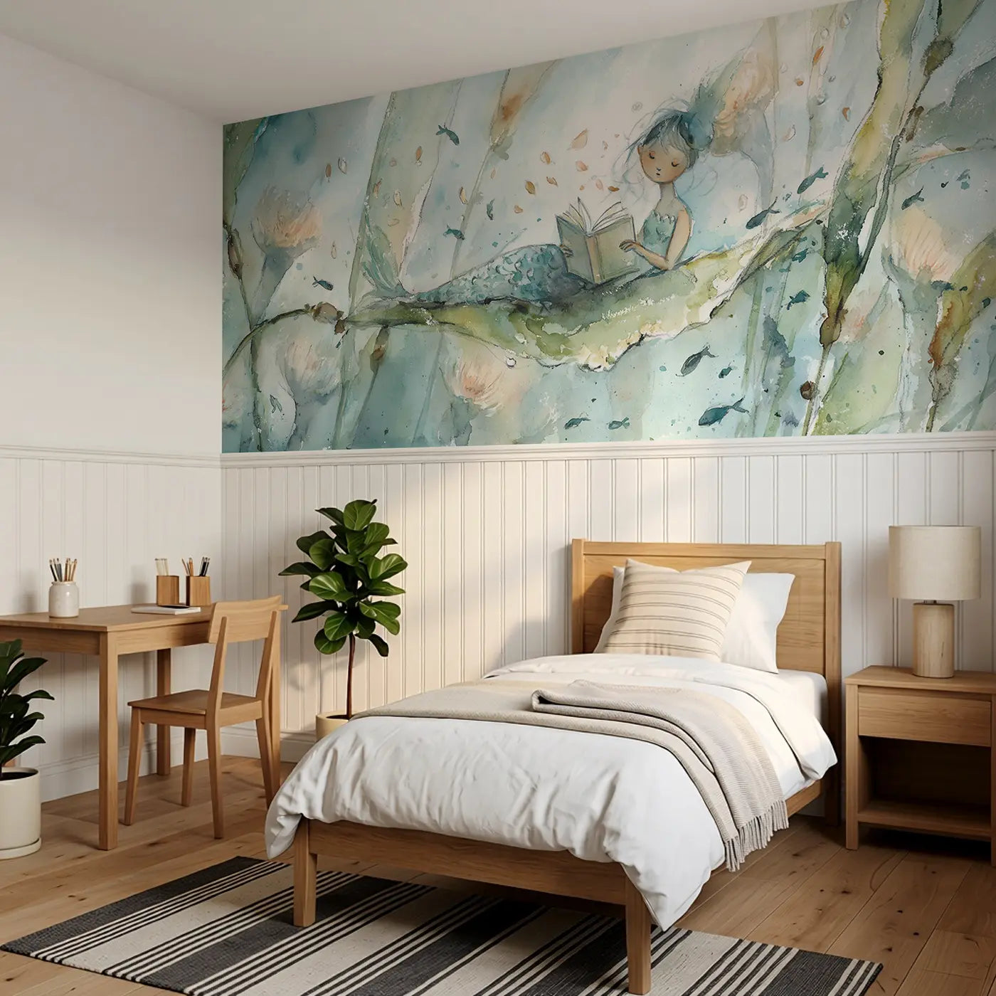 Mermaid Floating Garden Read Wainscoting Wallpaper styled in a kids bedroom by Whimsy Tots