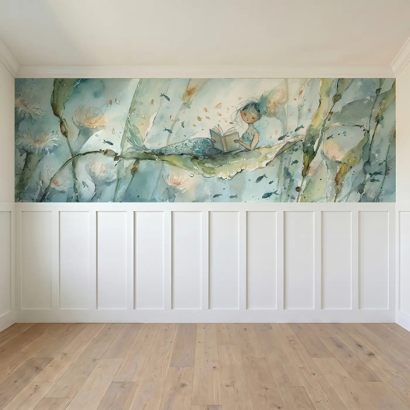Full panel view of Mermaid Floating Garden Read Wainscoting Wallpaper by Whimsy Tots