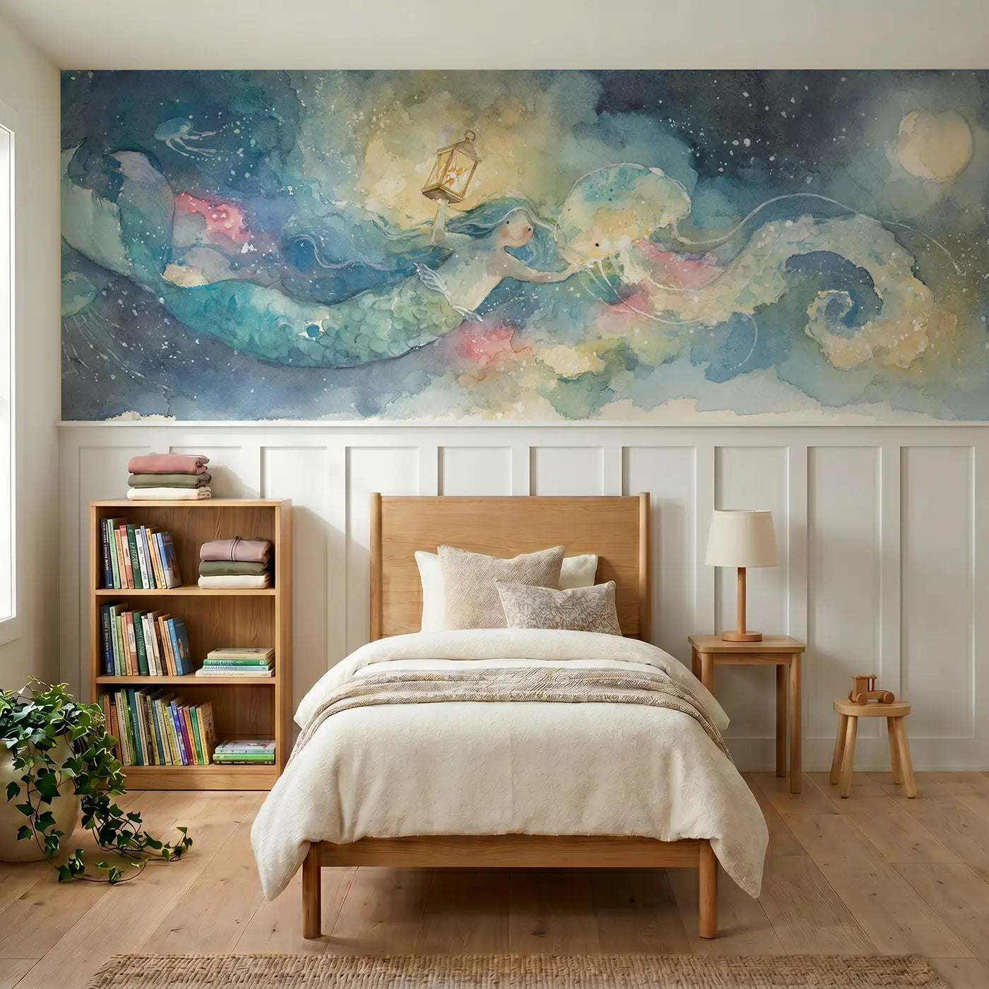 Watercolor mermaid jellyfish lantern walk wainscoting wallpaper for bedroom by Whimsy Tots