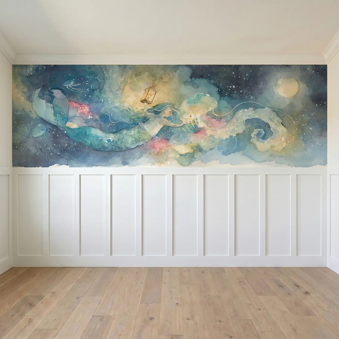 Full panel view of Mermaid Jellyfish Lantern Walk Wainscoting Wallpaper by Whimsy Tots