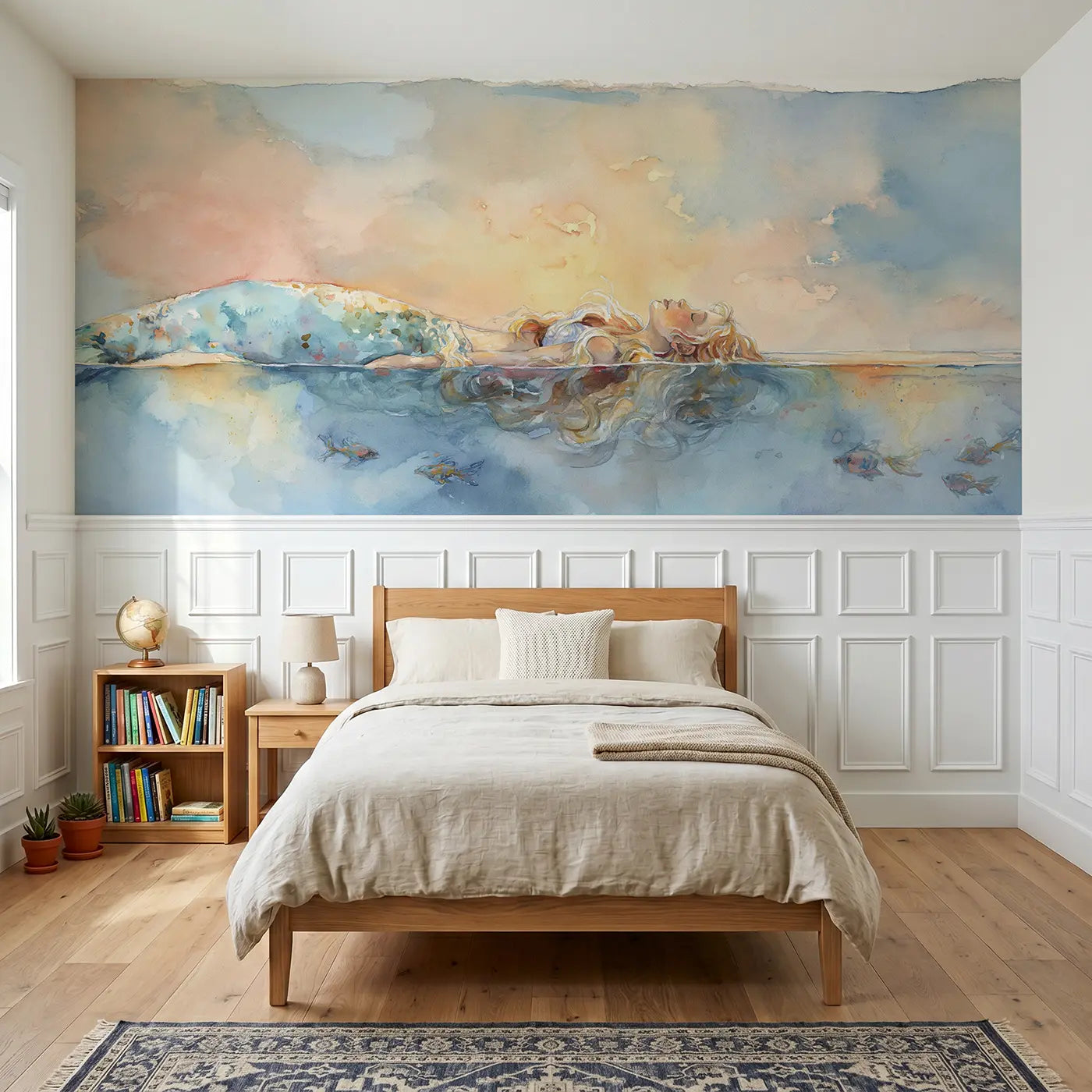Watercolor mermaid calm ocean surface float wainscoting wallpaper for bedroom by Whimsy Tots