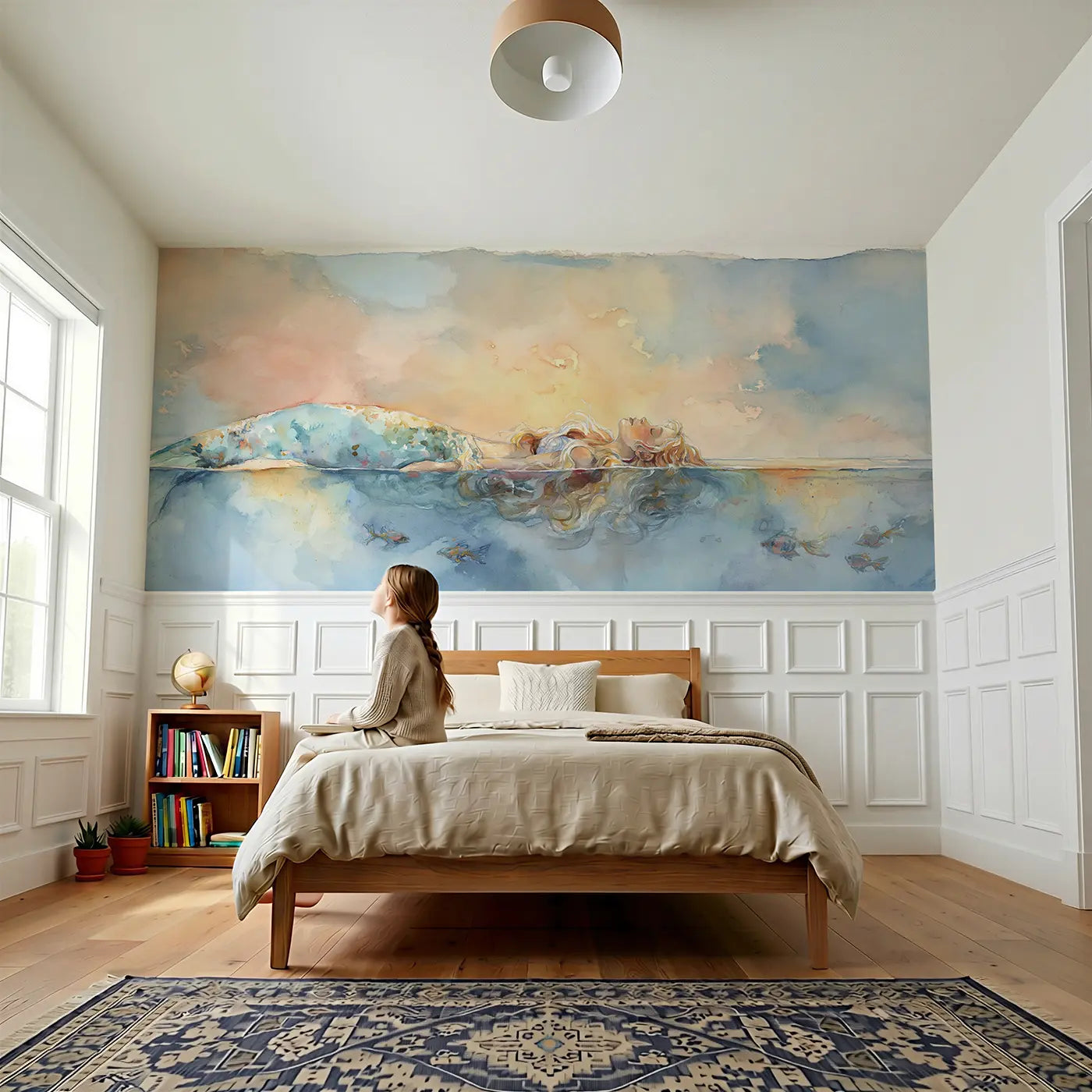 Child reading near Mermaid Calm Ocean Surface Float Wainscoting Wallpaper by Whimsy Tots