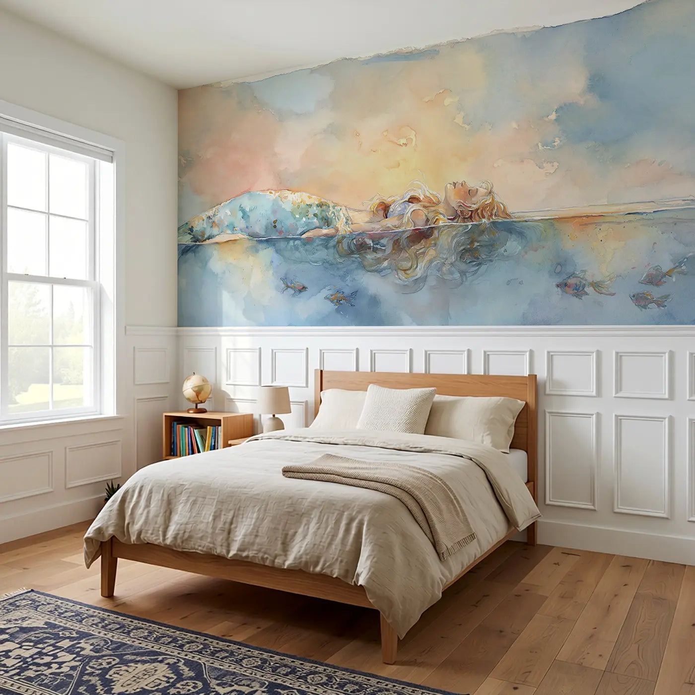 Mermaid Calm Ocean Surface Float Wainscoting Wallpaper styled in a kids bedroom by Whimsy Tots