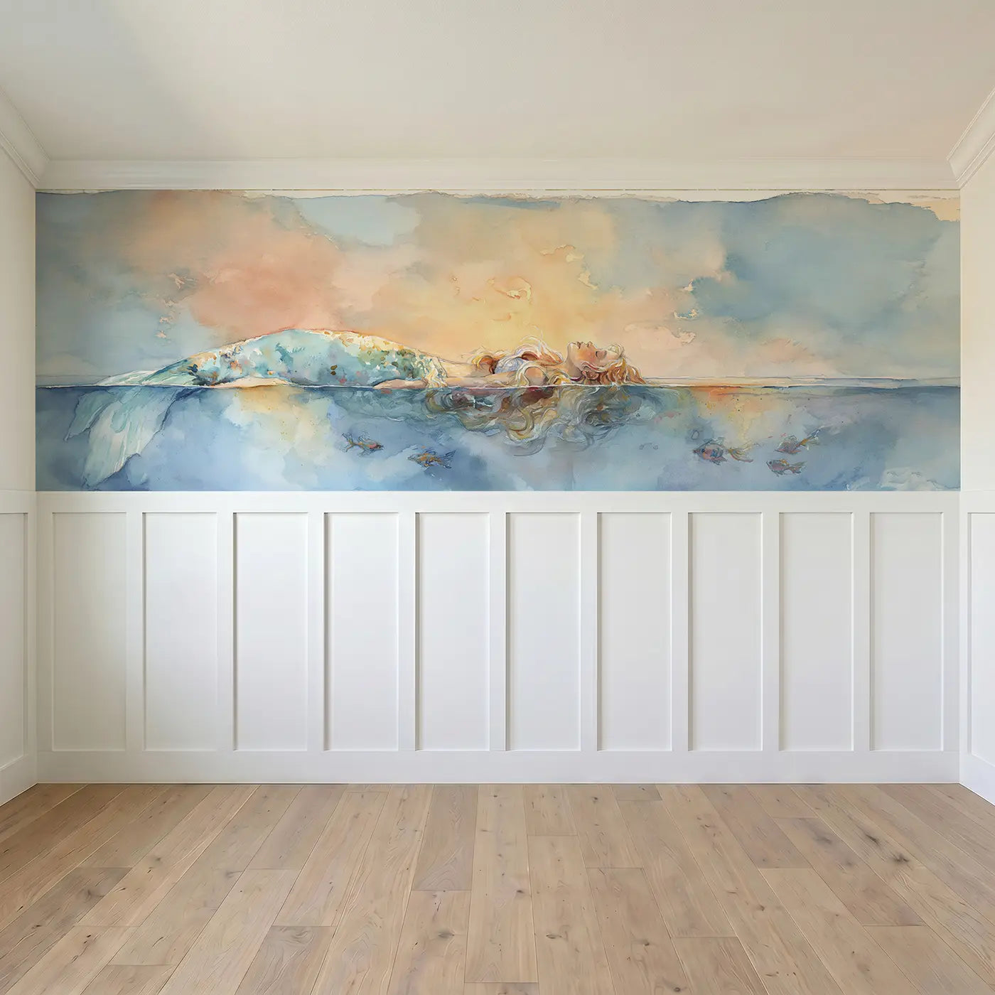 Full panel view of Mermaid Calm Ocean Surface Float Wainscoting Wallpaper by Whimsy Tots