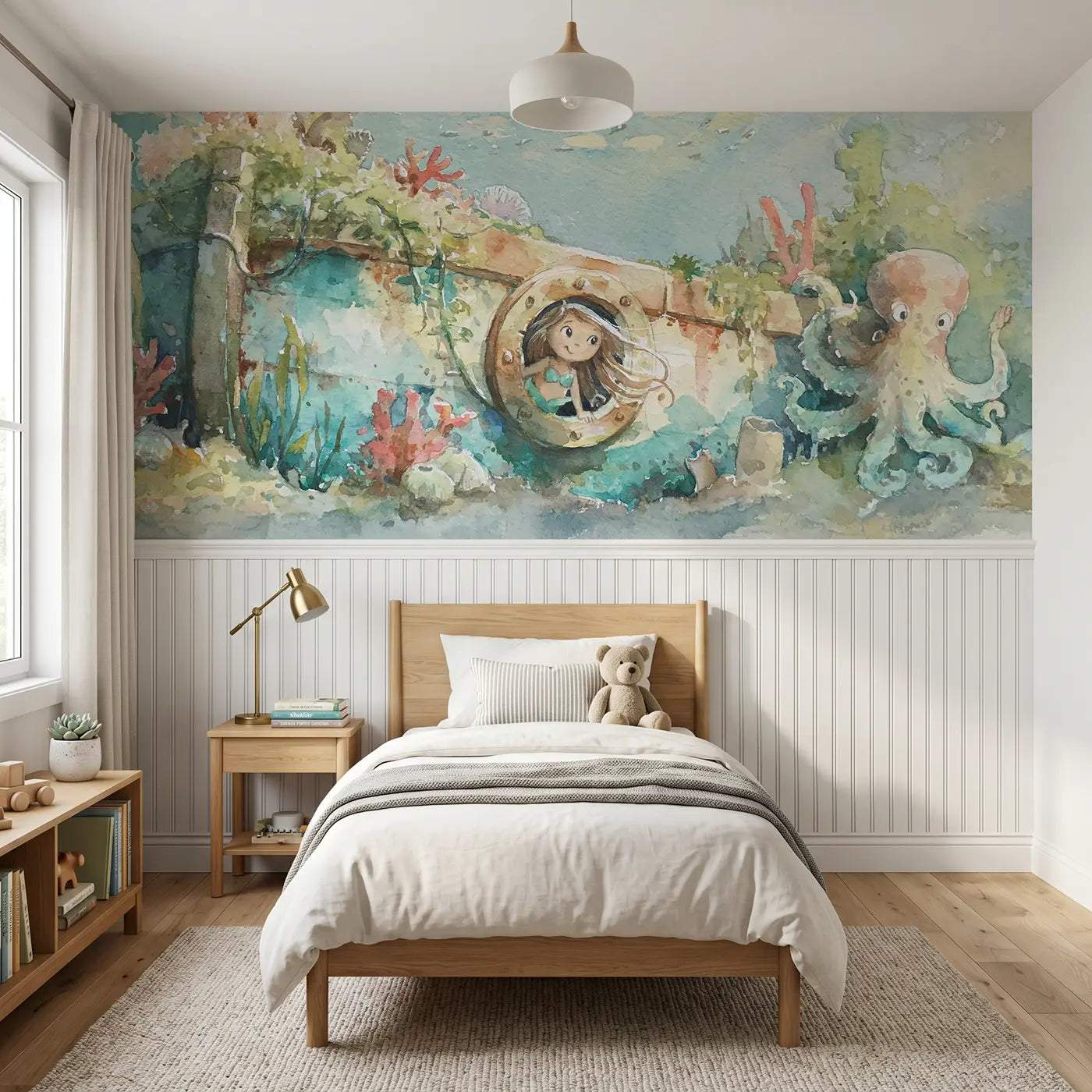 Watercolor mermaid sunken ship explore wainscoting wallpaper for bedroom by Whimsy Tots
