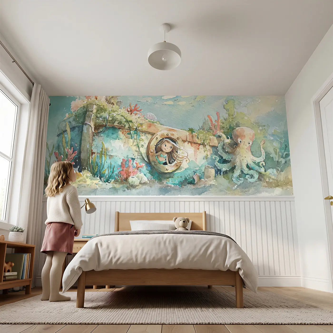 Child reading near Mermaid Sunken Ship Explore Wainscoting Wallpaper by Whimsy Tots