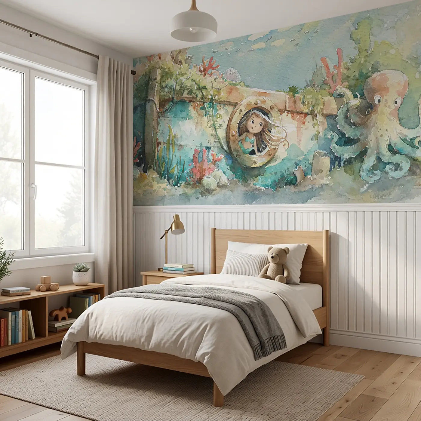Mermaid Sunken Ship Explore Wainscoting Wallpaper styled in a kids bedroom by Whimsy Tots