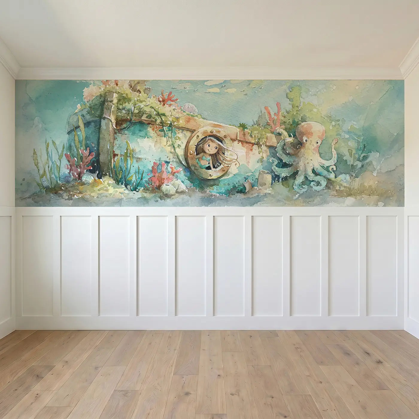 Full panel view of Mermaid Sunken Ship Explore Wainscoting Wallpaper by Whimsy Tots