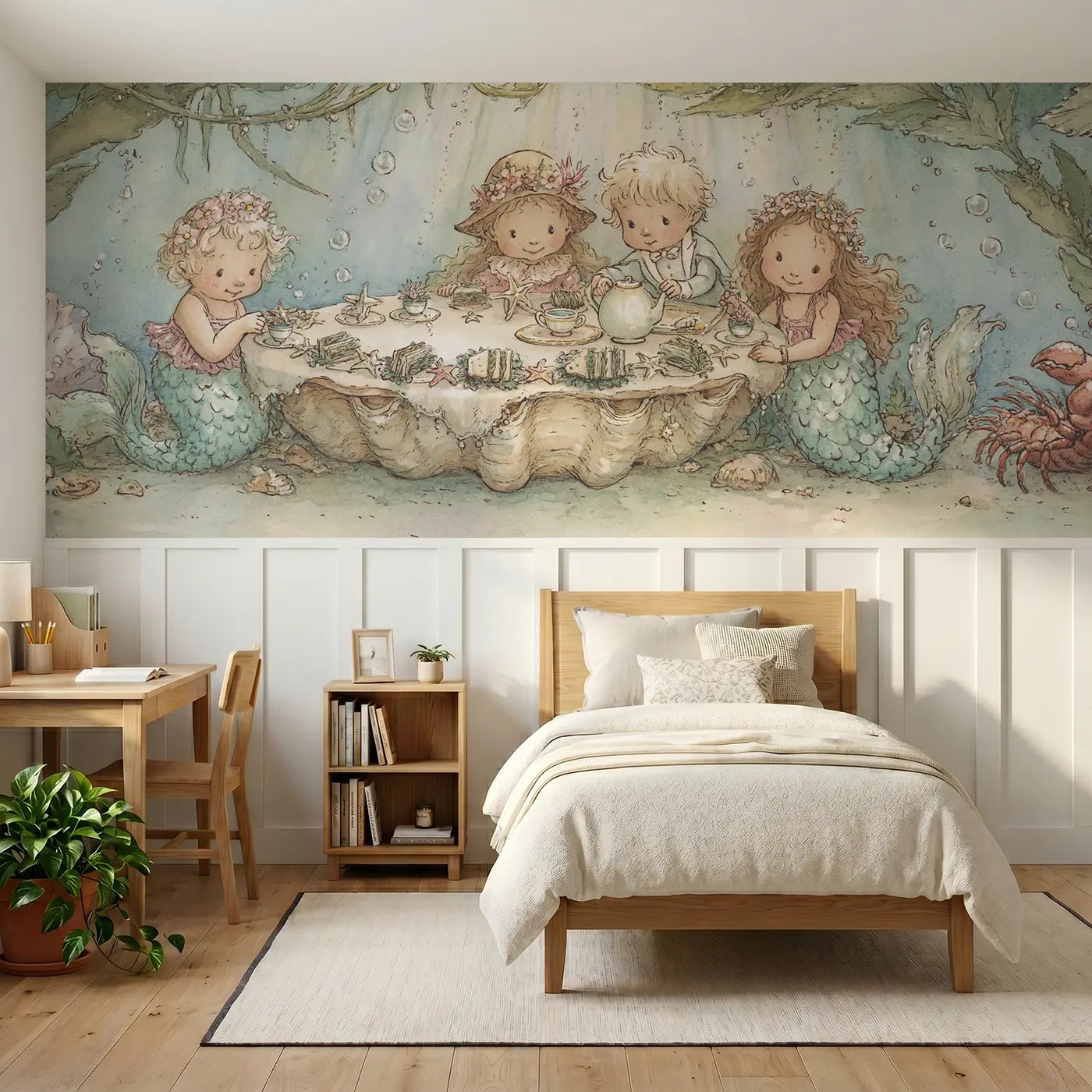 Storybook mermaid sea garden tea party wainscoting wallpaper for bedroom by Whimsy Tots