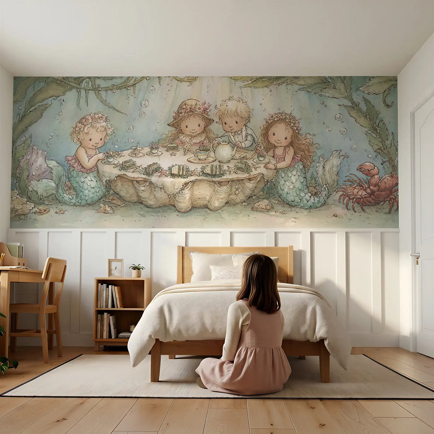 Child reading near Mermaid Sea Garden Tea Party Wainscoting Wallpaper by Whimsy Tots