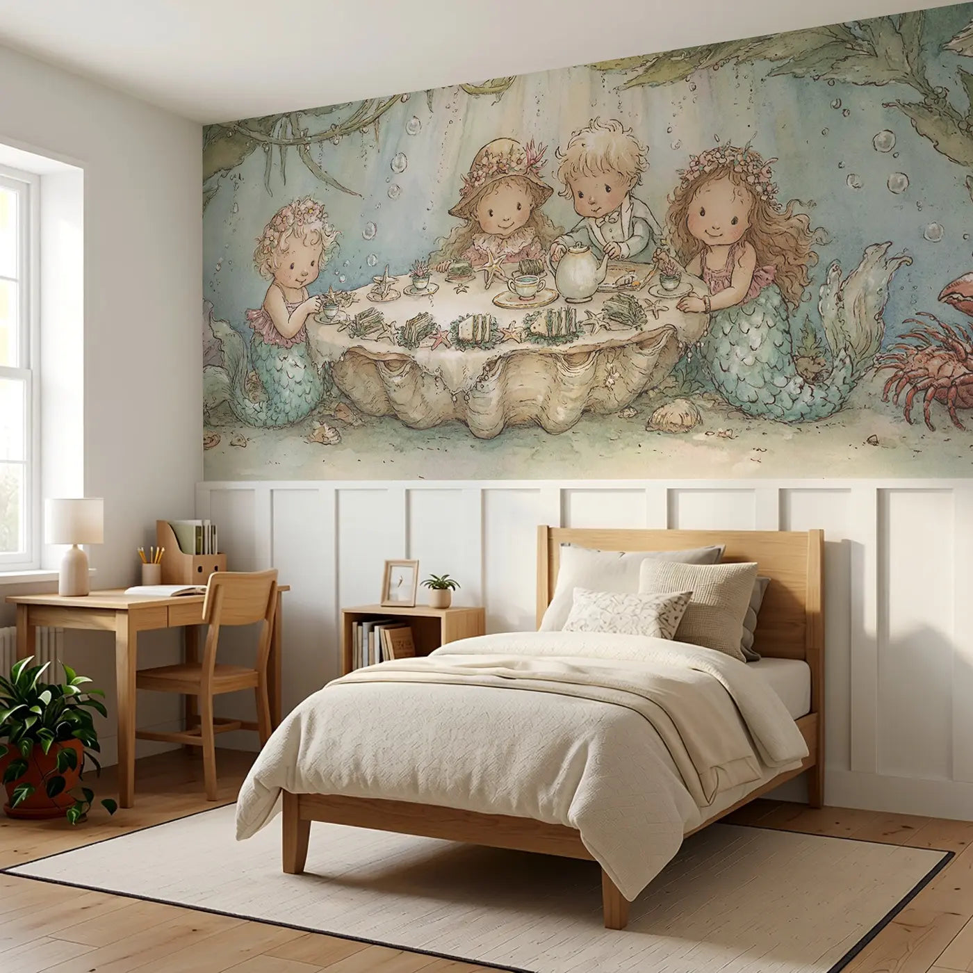 Mermaid Sea Garden Tea Party Wainscoting Wallpaper styled in a kids bedroom by Whimsy Tots