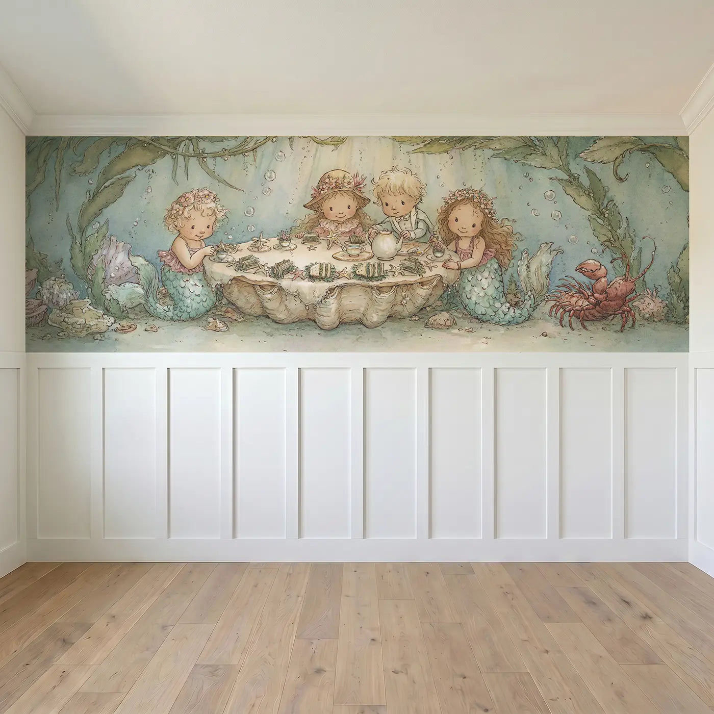 Full panel view of Mermaid Sea Garden Tea Party Wainscoting Wallpaper by Whimsy Tots