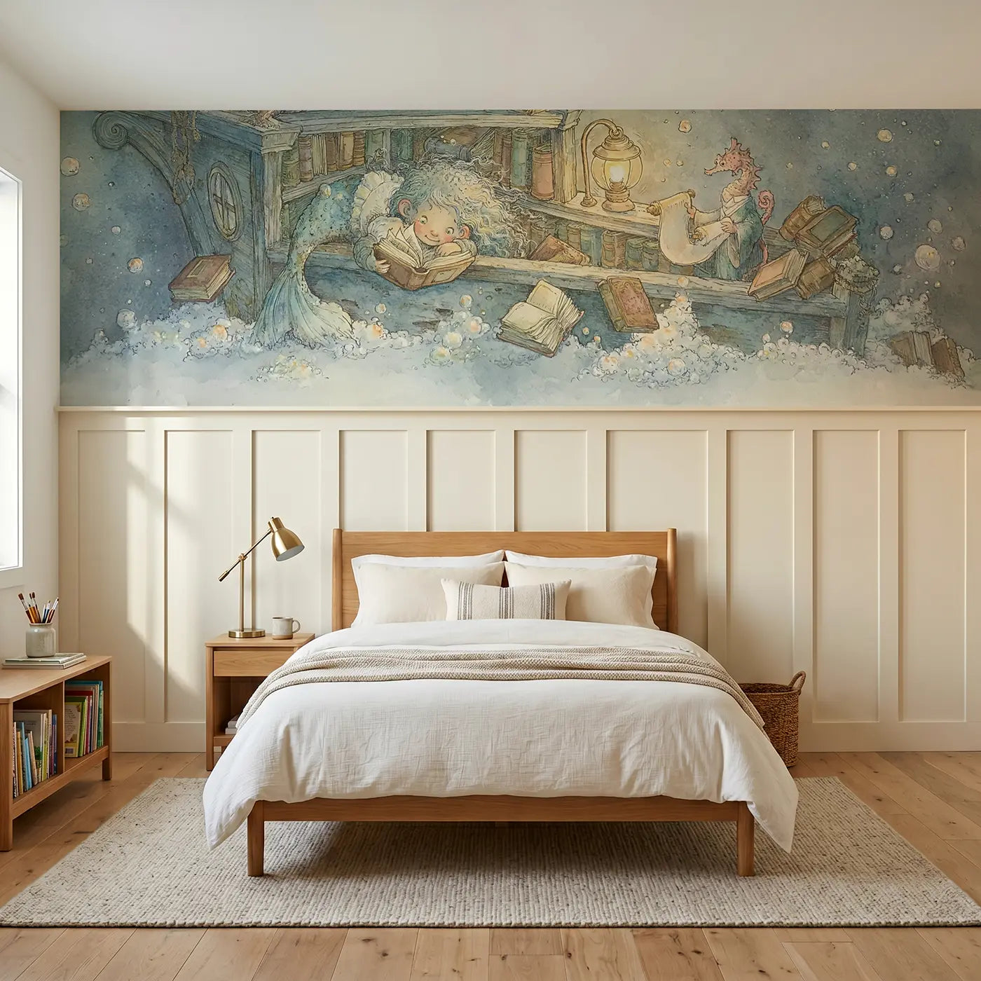 Storybook mermaid library shipwreck books wainscoting wallpaper for bedroom by Whimsy Tots