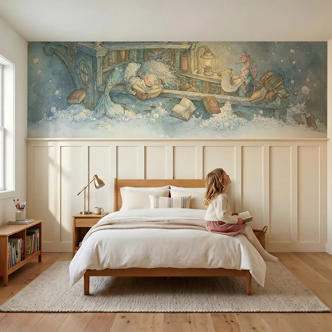 Child reading near Mermaid Library Shipwreck Books Wainscoting Wallpaper by Whimsy Tots