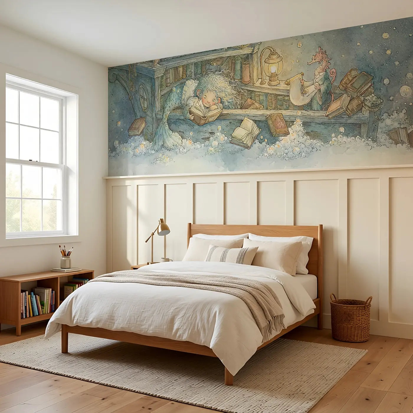 Mermaid Library Shipwreck Books Wainscoting Wallpaper styled in a kids bedroom by Whimsy Tots