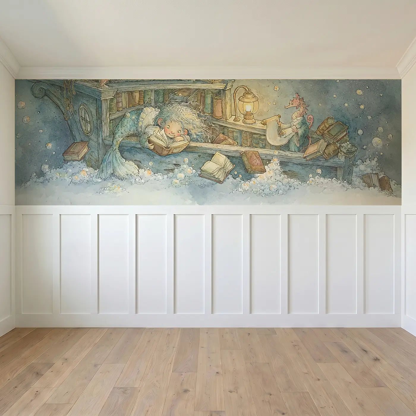 Full panel view of Mermaid Library Shipwreck Books Wainscoting Wallpaper by Whimsy Tots